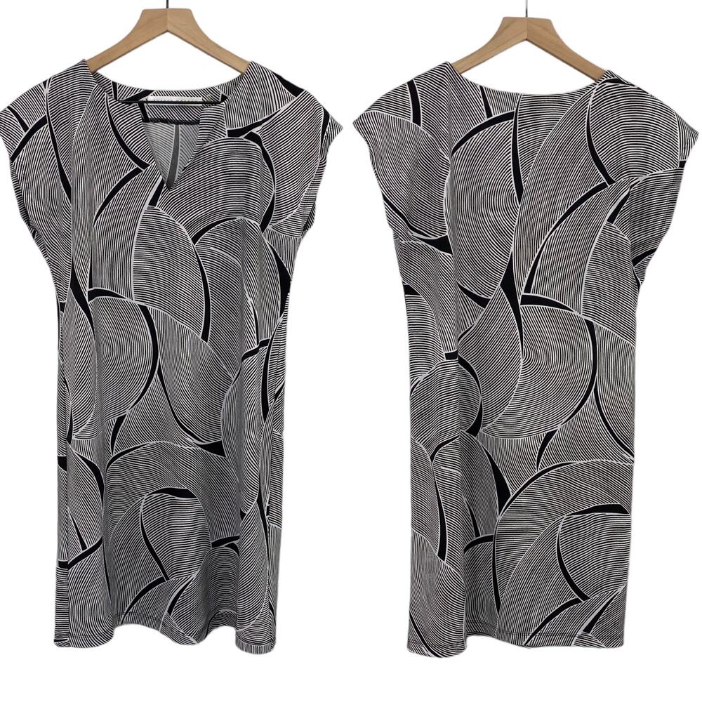 Susana Monoco Stretch Knit Mini Dress Geometric Fan Print Navy White Womens M